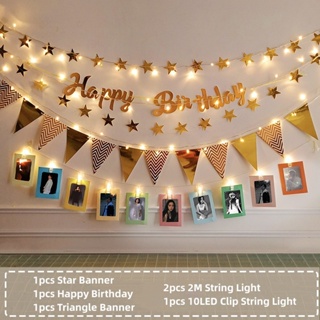 Happy Birthday Banner Flags Set With LED String Light Wall