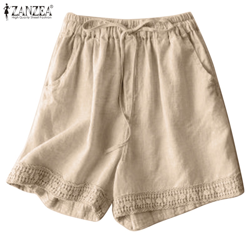 Zanzea Women Korean Casual Lace Up Leg Side Pockets Solid Color High Waist Shorts Shopee 