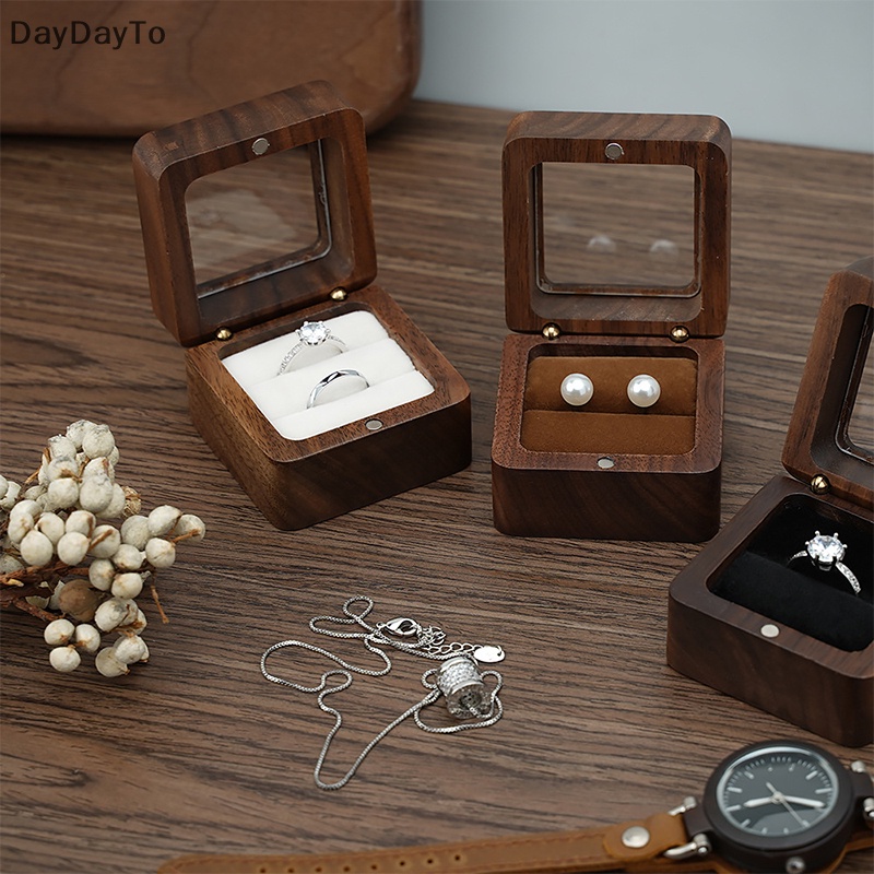 DayDayTo Jewelry Box Walnut Solid Wood Wedding Ring Box Small Jewelry