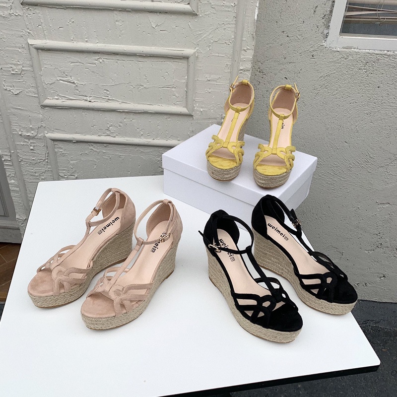 Summer new suede wedge hemp rope woven one-character buckle fashion ...