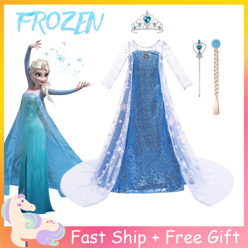 Frozen Elsa Costume Blue Dress For Kids Girl Mesh Sequin Tulle Gown ...