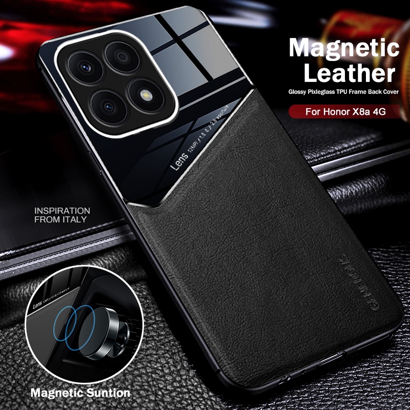 Honorx8a Case Car Magnetic Holder Leather Texture Back Cover For Honor X8a 4g Soft Tpu Frame 6147