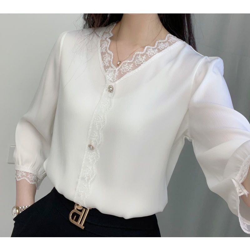 5XL Korean Style White Lace Top Women V Neck 3/4 Sleeve Satin Blouse ...