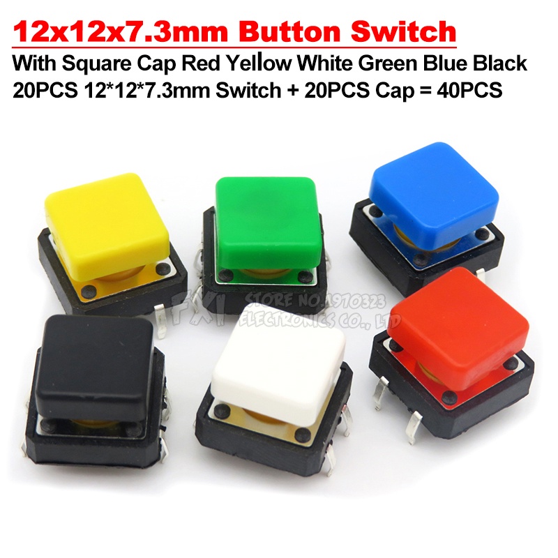 40PCS (20PCS Switch+ 20PCS Cap) 12x12x7.3mm PCB Momentary Tactile Tact ...