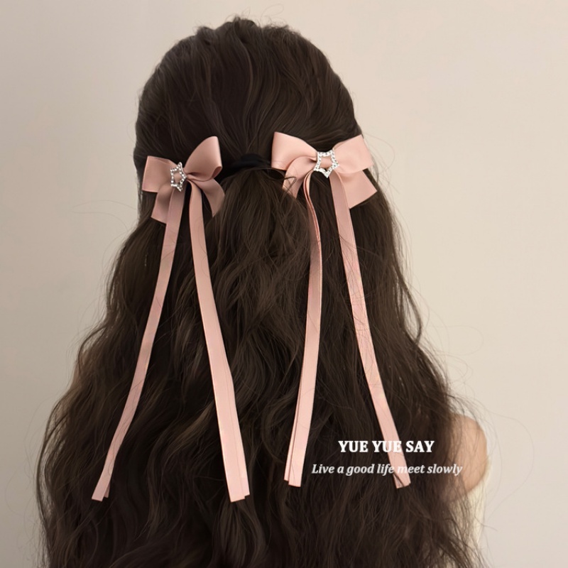 Pink Ribbon Bow Hair Clip Versatile Long Streamer Back Head Hairpin Classy Duckbill Girl