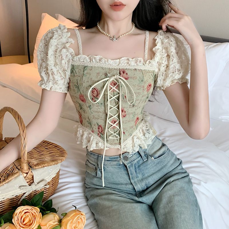 Sexy off shoulder strap tops chiffon bubble sleeve shirt cute floral ...