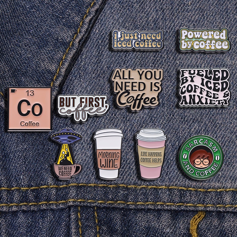 10 Styles Coffee Enamel Brooches Text Class Lapel Pins Badges Gifts for ...