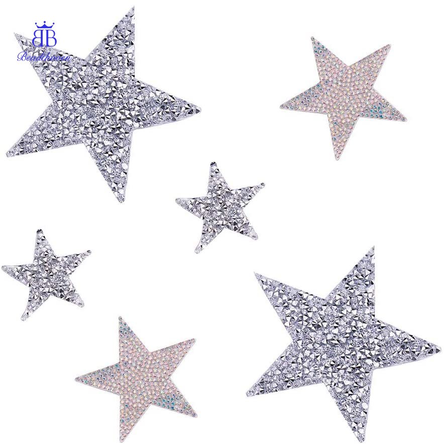 1Set 6 pcs 3 Sizes Star Crystal Glitter Rhinestone Stickers Iron on ...