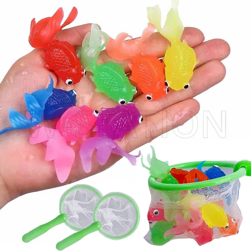 1 Set Simulation Soft Rubber Goldfish with Net / Toddlers Bathing Fishing Game / Cute Floating