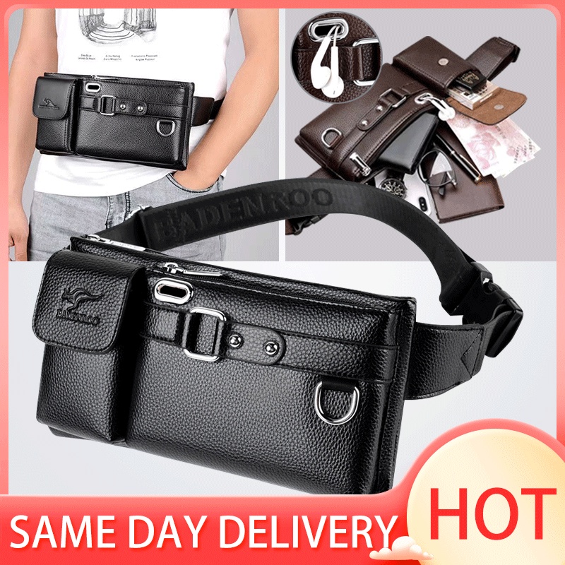 NFI Essentials Men's PU Leather Messenger Bag - Large Capacity Travel Wrist Bag For Phone & Essentials, Brown/Tan