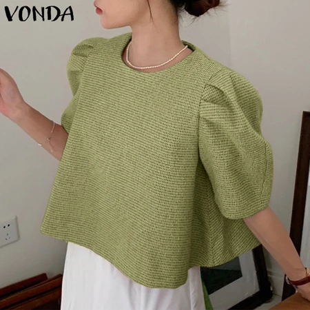 VONDA Women Korean Short Sleeves Puff Sleeves Round Neck Casual Solid Color Blouses