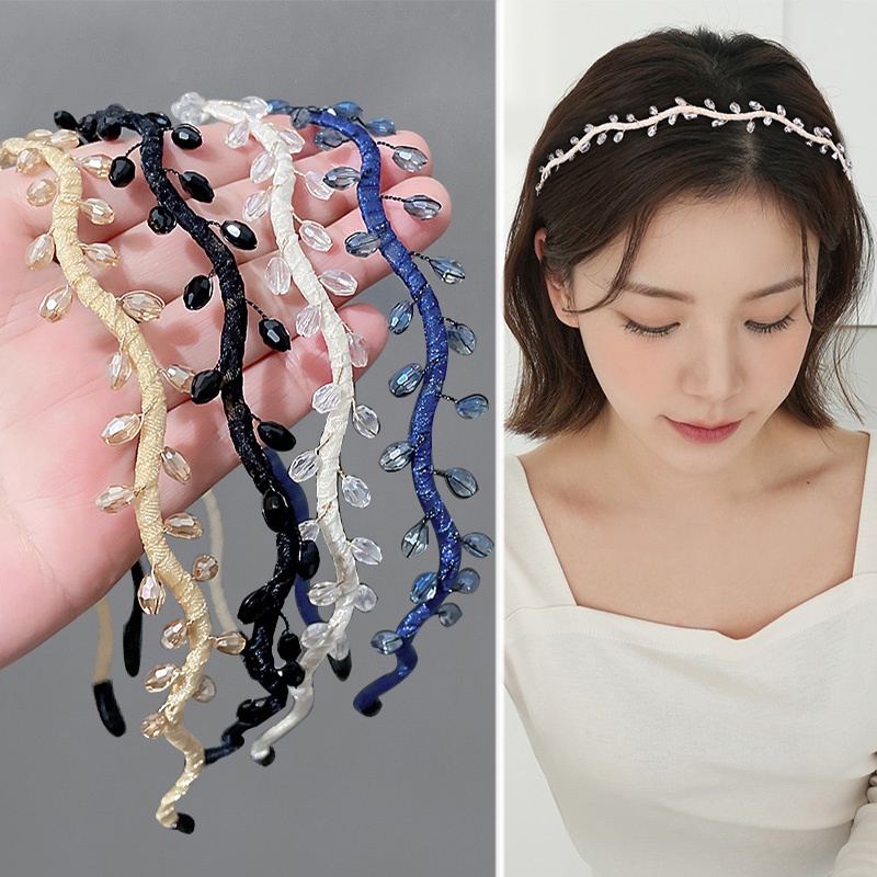 Korean Fashion Crystal Metal Hairbands Wavy Olive Branch Thin Head Band