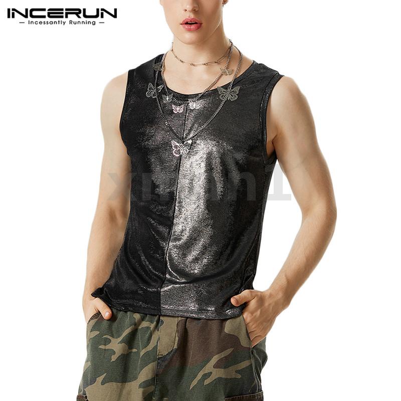 XMAN INCERUN Men Vintage Round Neck Sleeveless Splicing Flash Knitted ...