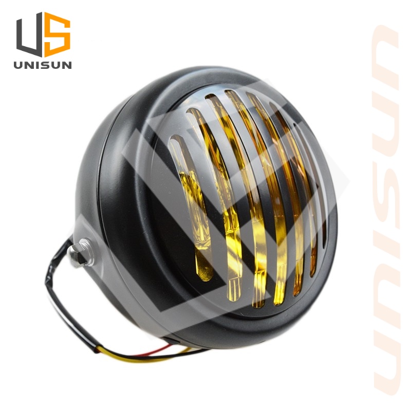 Unisun Motorcycle Headlight Black Metal Grille Headlights Headlamp Cafe ...