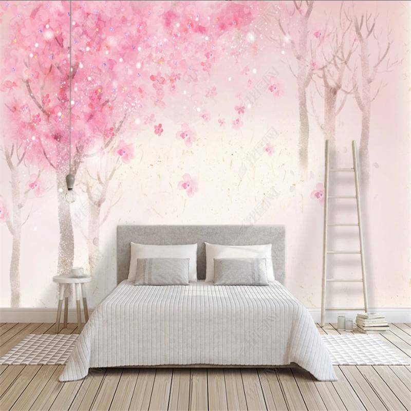 Custom Hand Painted Watercolor Pink Cherry Blossom Wallpaper Bedroom ...