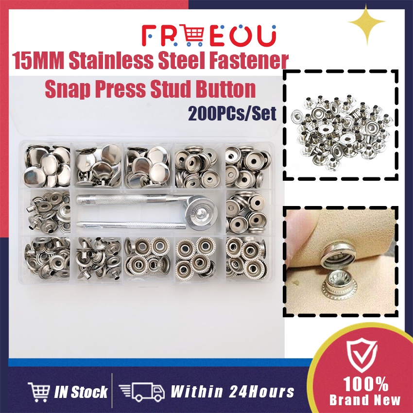 200Pcs/Set 15mm Press Button Kit Stainless Steel Snap Fastener Kit With