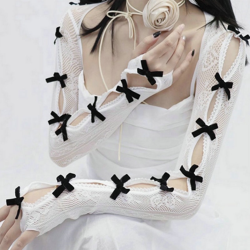 Women Sexy Lolita Lace Fingerless Gloves Gothic Bow Tie Lace Sunscreen ...
