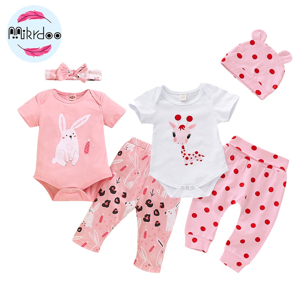 Mikrdoo Baby Girl Pajamas Short Sleeve Rabbit Print Bodysuit Long Pants