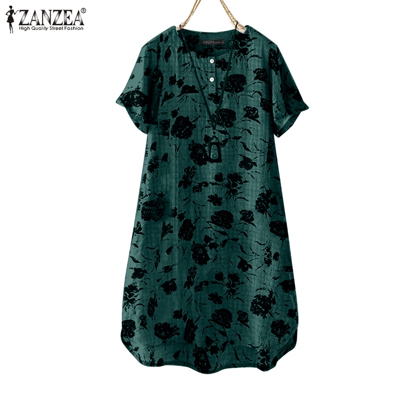 ZANZEA Women's Short Sleeve Printed with Pockets Vintage Round Neck Dress