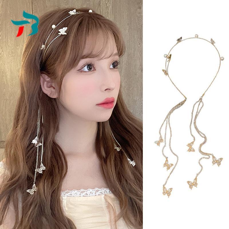 Pearl Studded Diamond Butterfly Tassel Head Band Simple Design