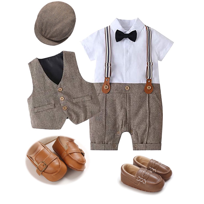 Infant Baby Boy Baptismal Clothes Set Baptism Jumpsuit + Hat + Vest