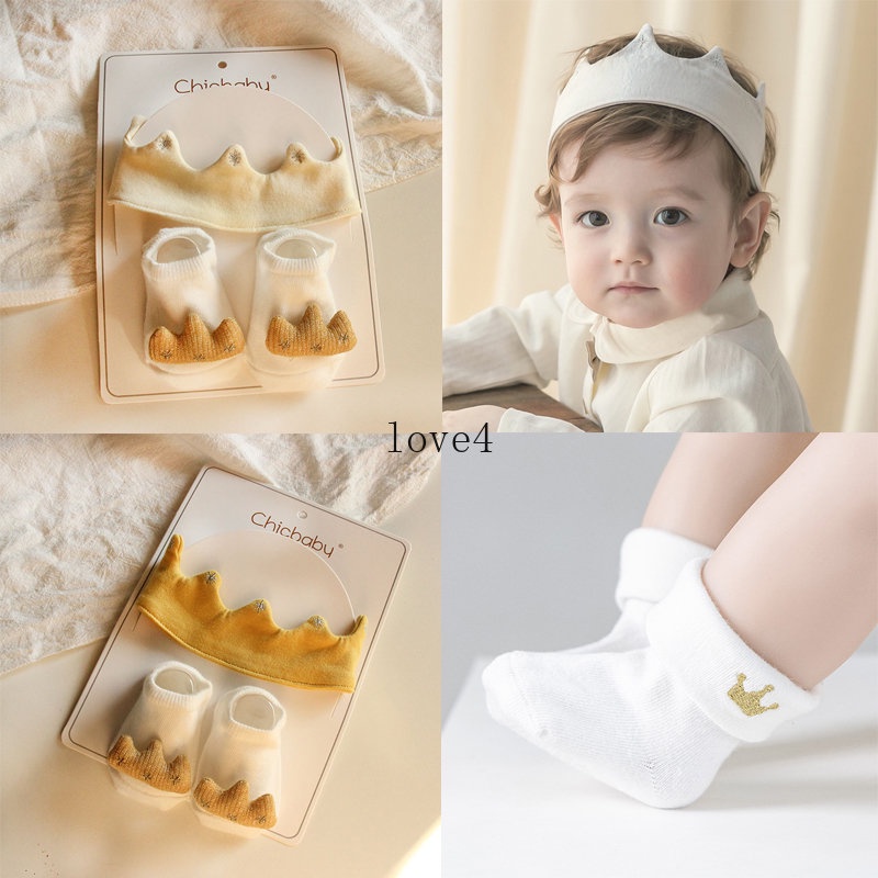 White Baby Baptismal Socks + Crown Headband Fashion Baby Boy Girl