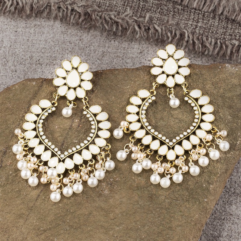 Bohemian pearl tassel earrings for women ethnic white drip oils drop