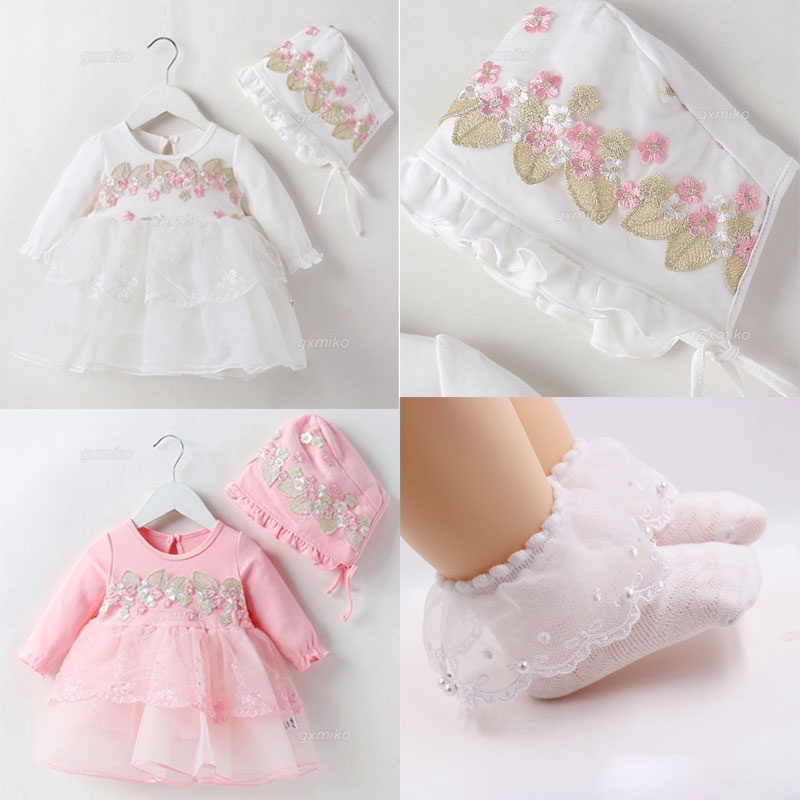 Christening Dress for Baby Girl Set Infant Lace Embroidery Dress + Cap
