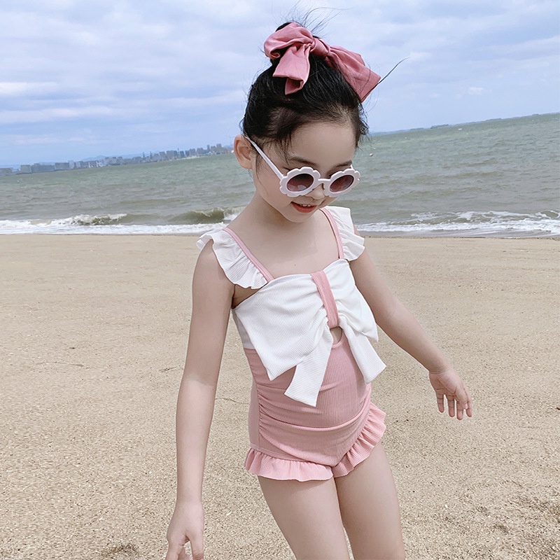 Children s girls swimsuit one piece swim cap hot spring small fresh Korean cute bow blue pink swimwear Shopee Philippines