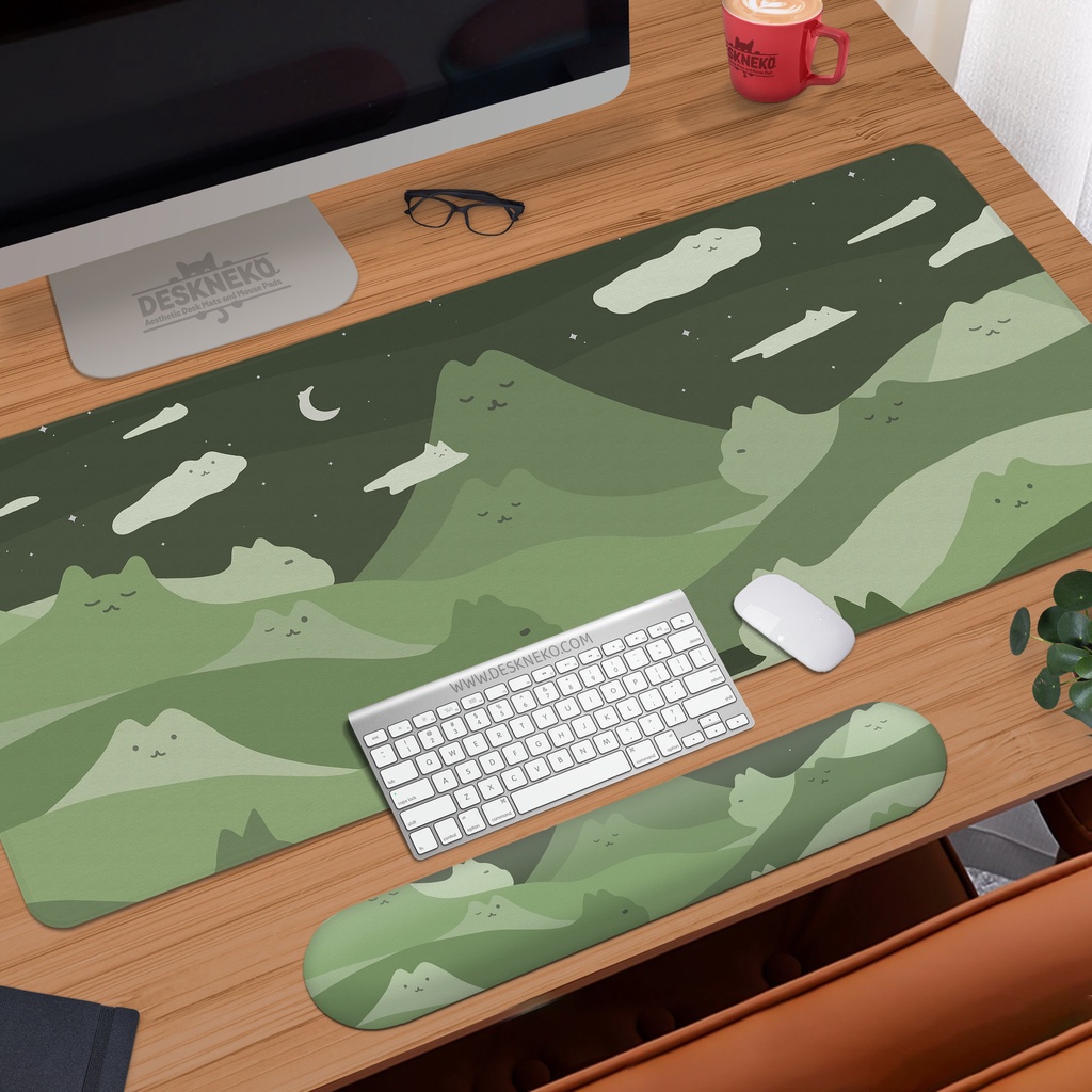 Green cats desk mat, Large Mousepad cute, Extended Deskmat xl ...