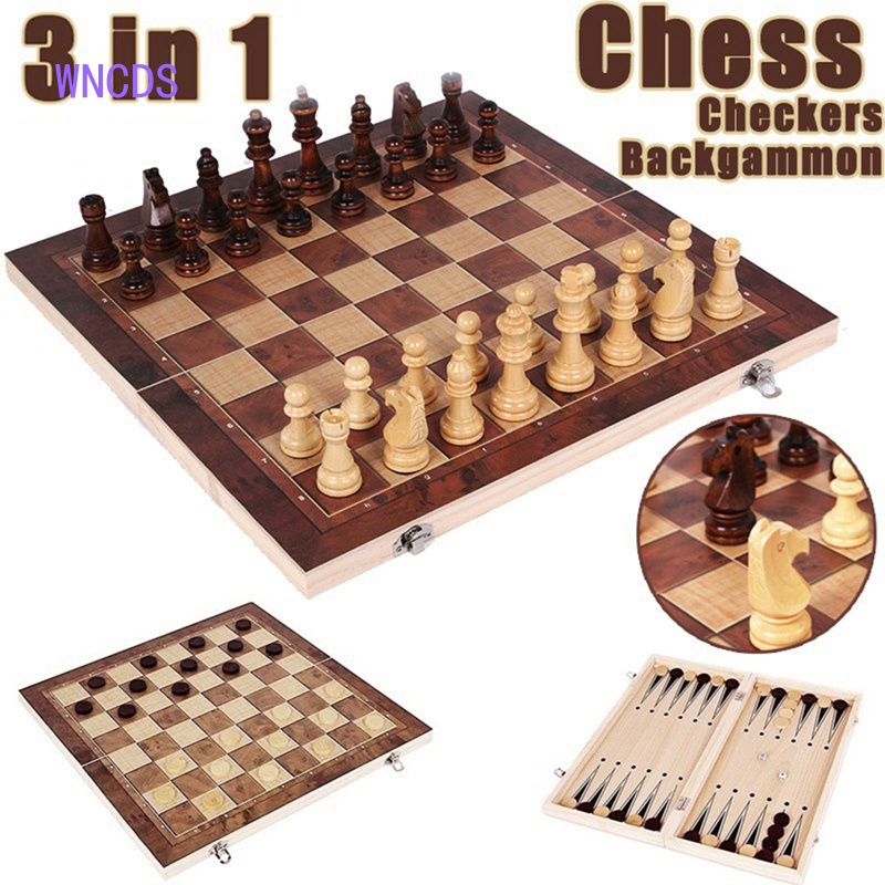 WNCDS Wooden Chess Portable Foldable Chess Game Chess Board Wood 3 In 1 ...