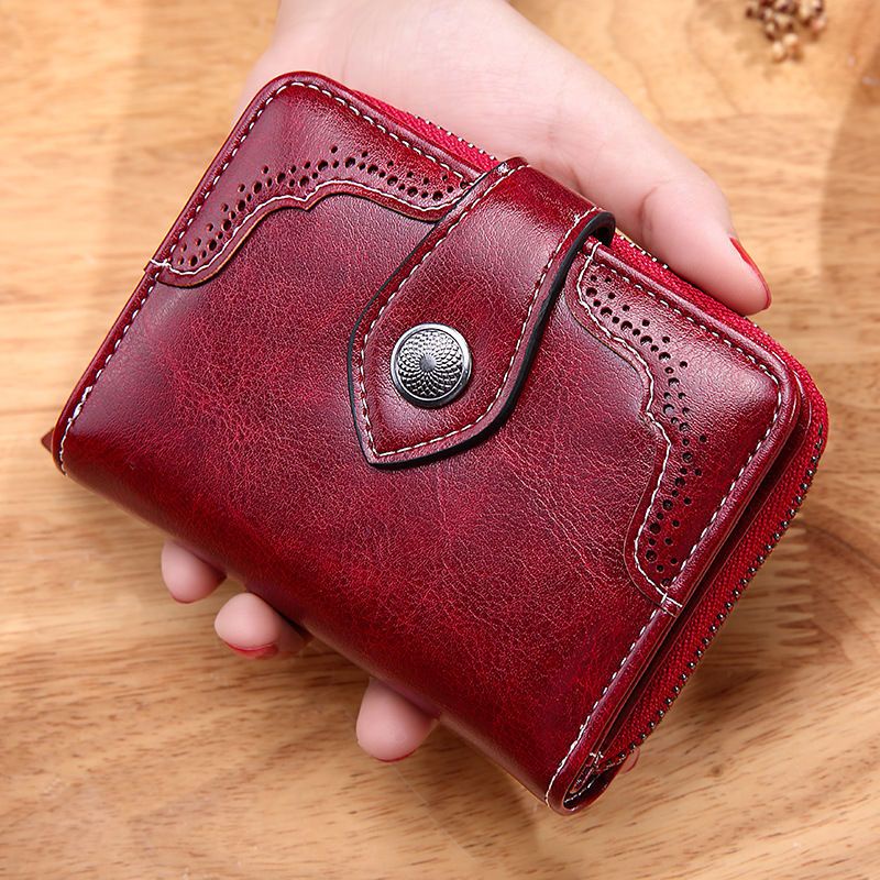 New hollowout wallet retro wax leather women's short wallet zipper