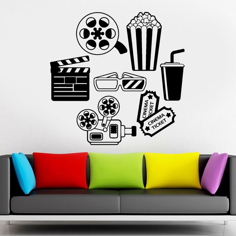 Films Cinema Sign Movie Theatre Film Strip Popcorn Wall Sticker Vinyl