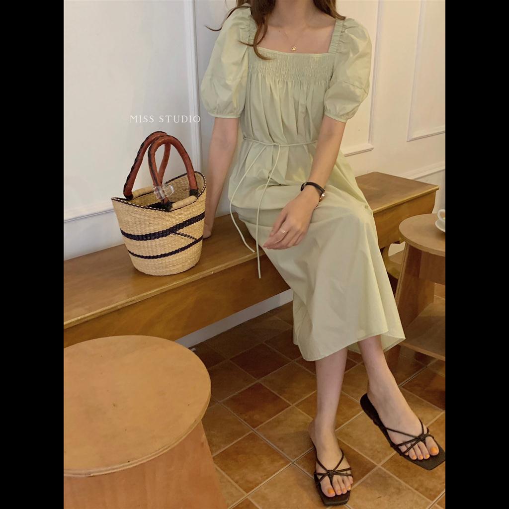 Square Neck Simple Loose Range Rope Lace-Up Dress (with Waist Rope ...