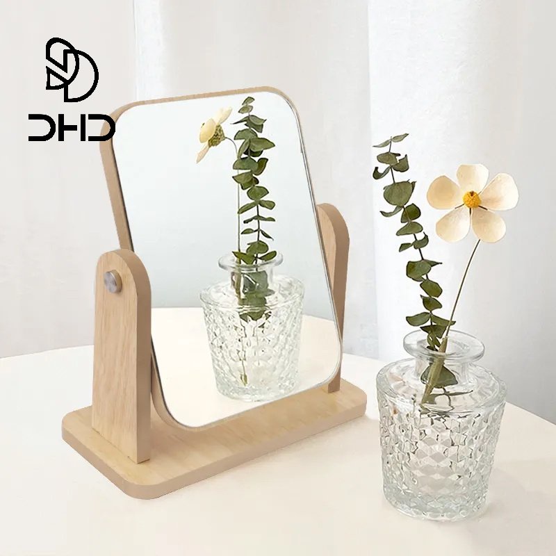 DHD Wooden Mirror 360 Degree Portable Adjustable Table Desk Mirror Stand Bathroom Living Room