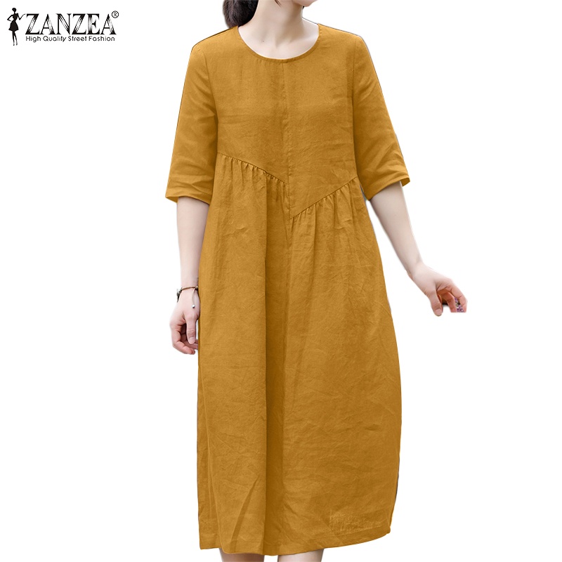 ZANZEA Women Korean Casual Loose Solid Color Cotton Half Sleeve O Neck Shirt Dress