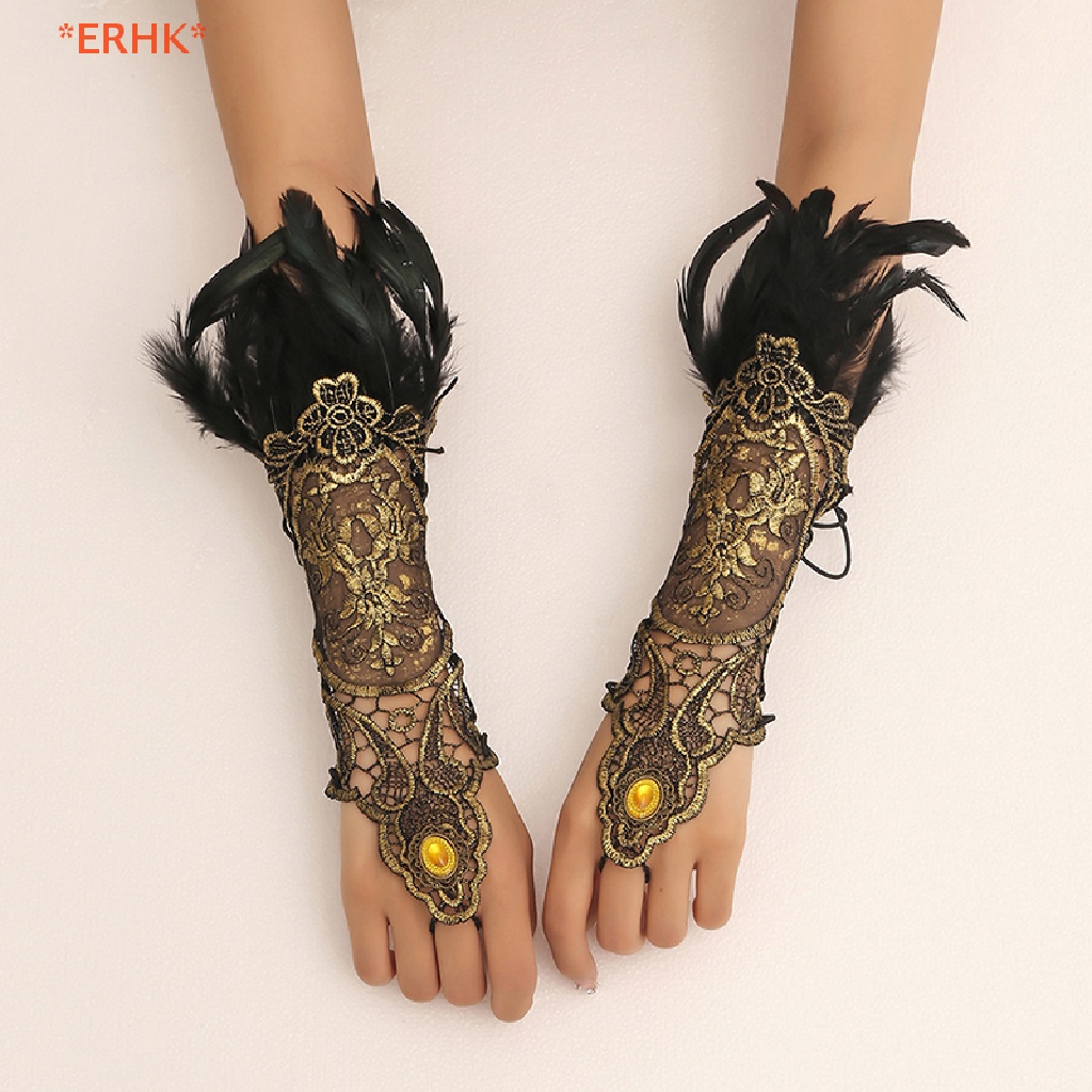 QrhYK> Natural Feather Gold Lace Long Glove Bracelet Women Party Sexy Fingerless Gloves