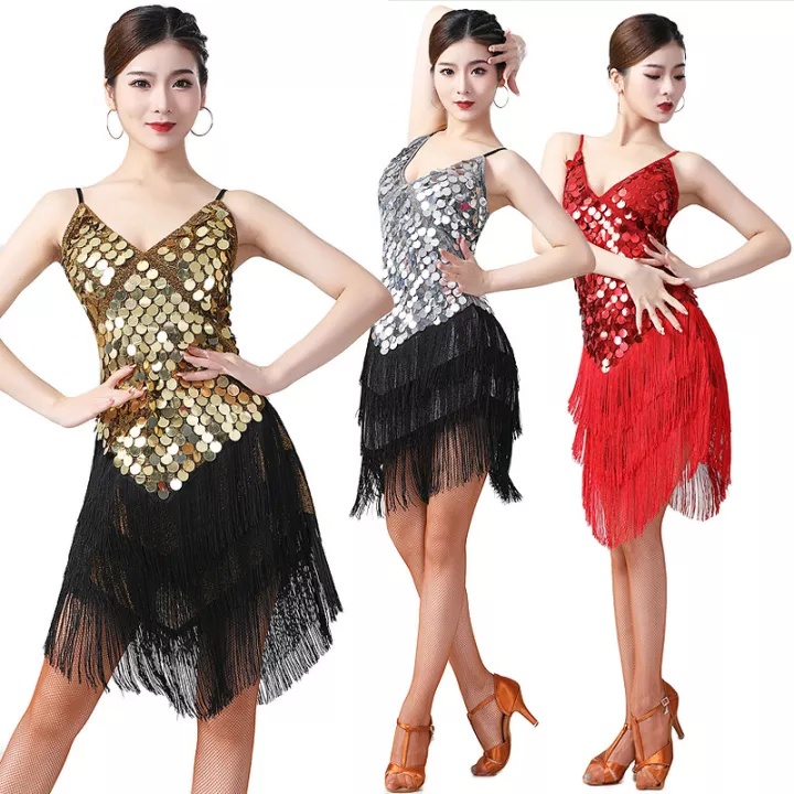 (ส่วนลด)Sequined tassel dance dress suspender dress Latin dance