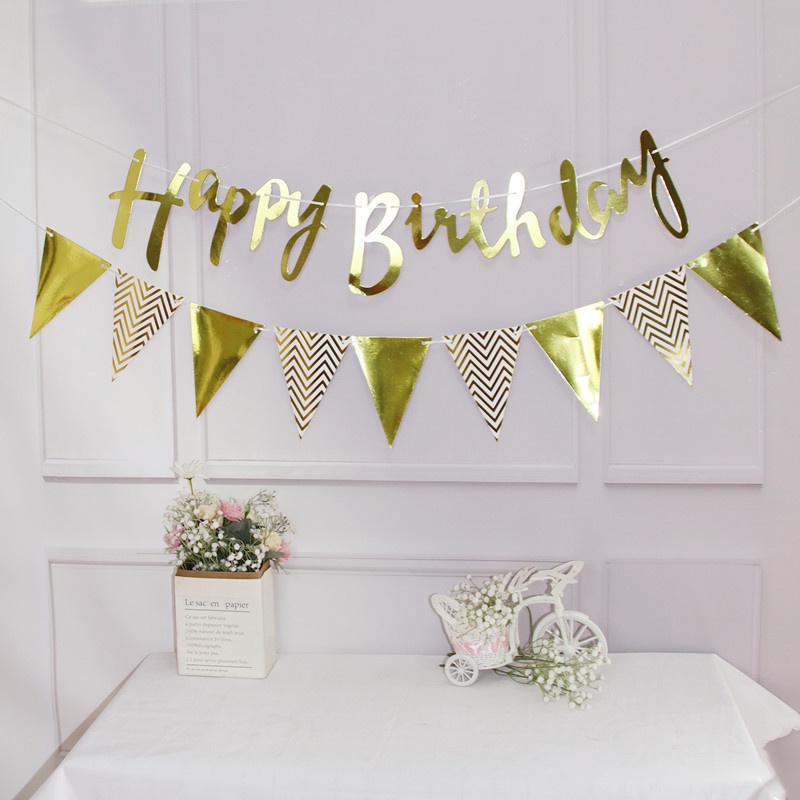 Happy Birthday Banner Flags Set With LED String Light Wall Background ...