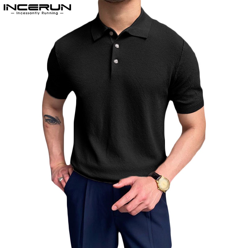 INCERUN Men Korean Casual Knitted Solid Color Short-Sleeved Lapel Polo ...