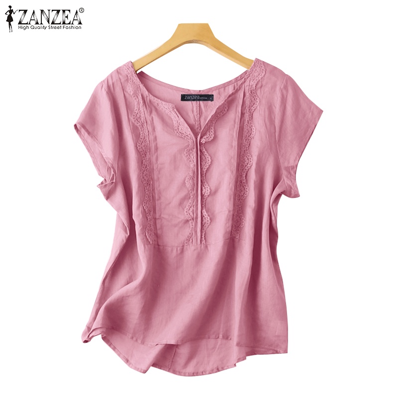 ZANZEA Women Casual Solid Color Short Sleeve V-Neck Lace Spliced Tops ...