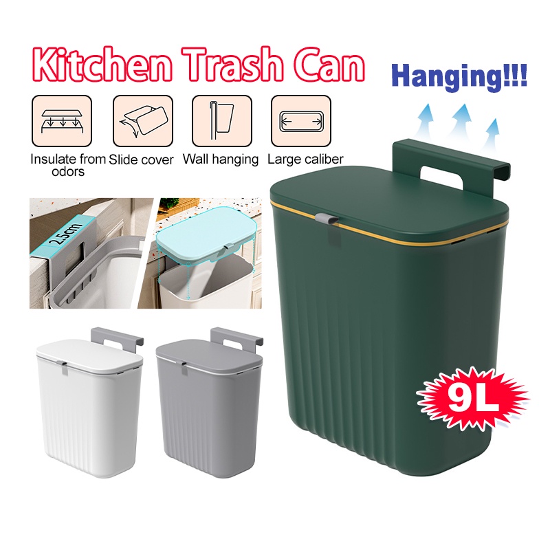 CHIT 9L Kitchen Trash Can with Cover Household Sliding Wall Mounted ...