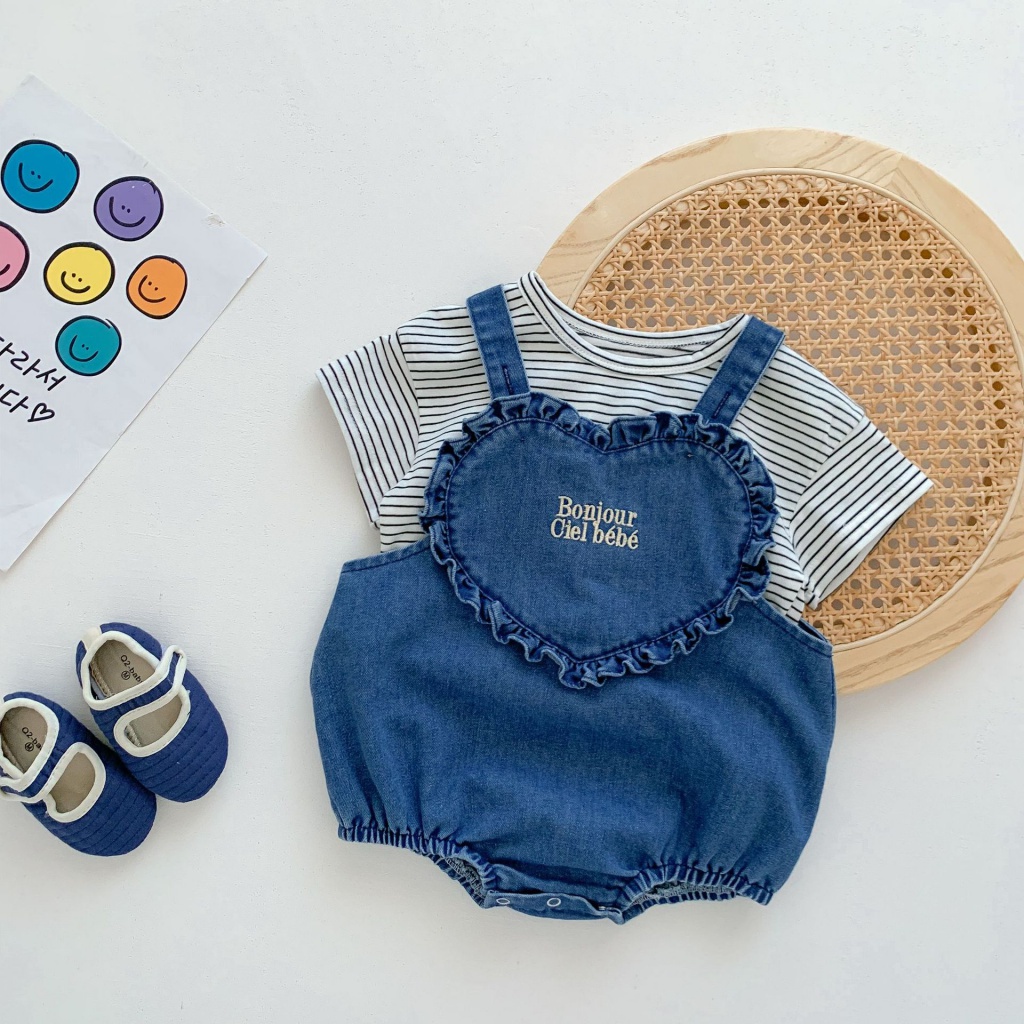 [Onhand] Korean style baby clothes soft denim strap striped short