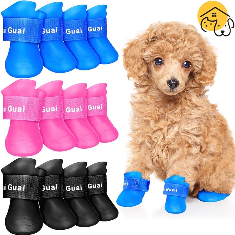 4 Pieces Waterproof Dog Boots Shoes Puppy Candy Colors Non-Slip Rain ...