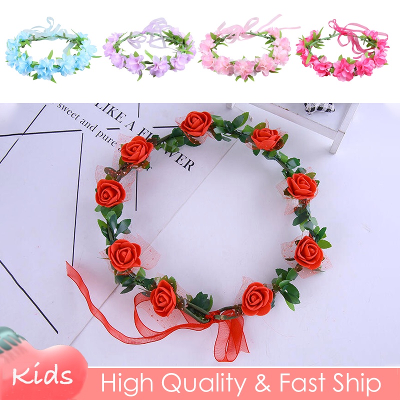 Flower Garland Headwear For Kids Girl Lace Ribbon Red Purple Rapunzel