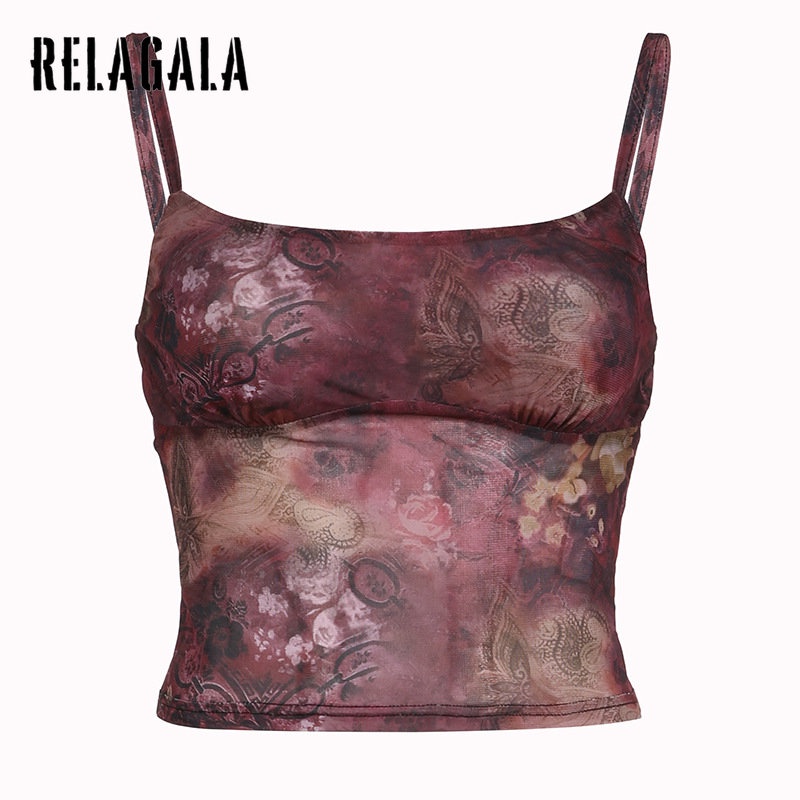 Relagala Women S American Vintage Printed Mesh Sling Low Chest Backless Vest Shopee