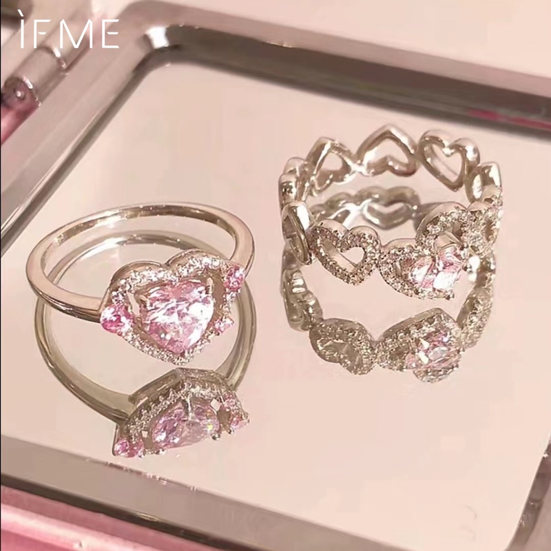 IFME Pink Crystal Heart Rings Y2K Pink Aesthetic Diamond Opening Silver ...