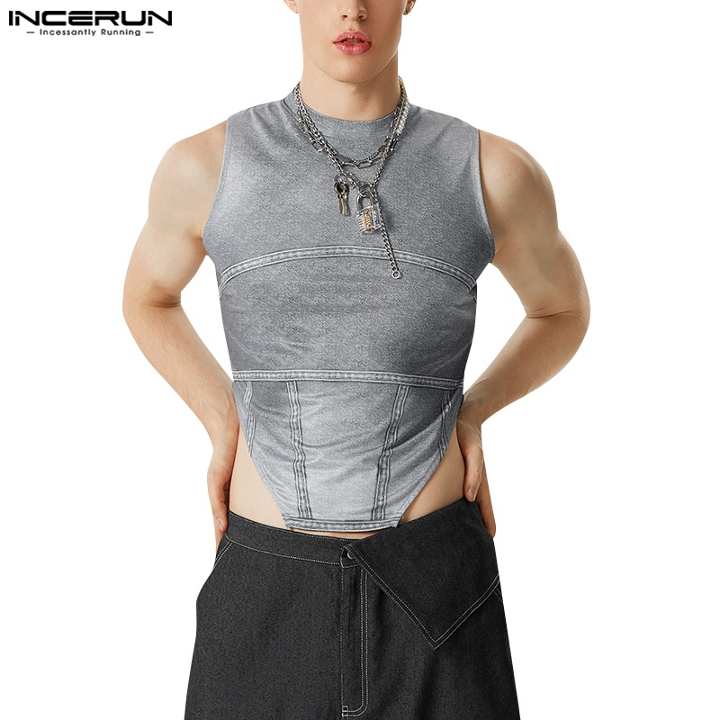 INCERUN Men Vintage Deconstructed Patchwork Faux Denim Print Round Neck Tanks Shopee Philippines