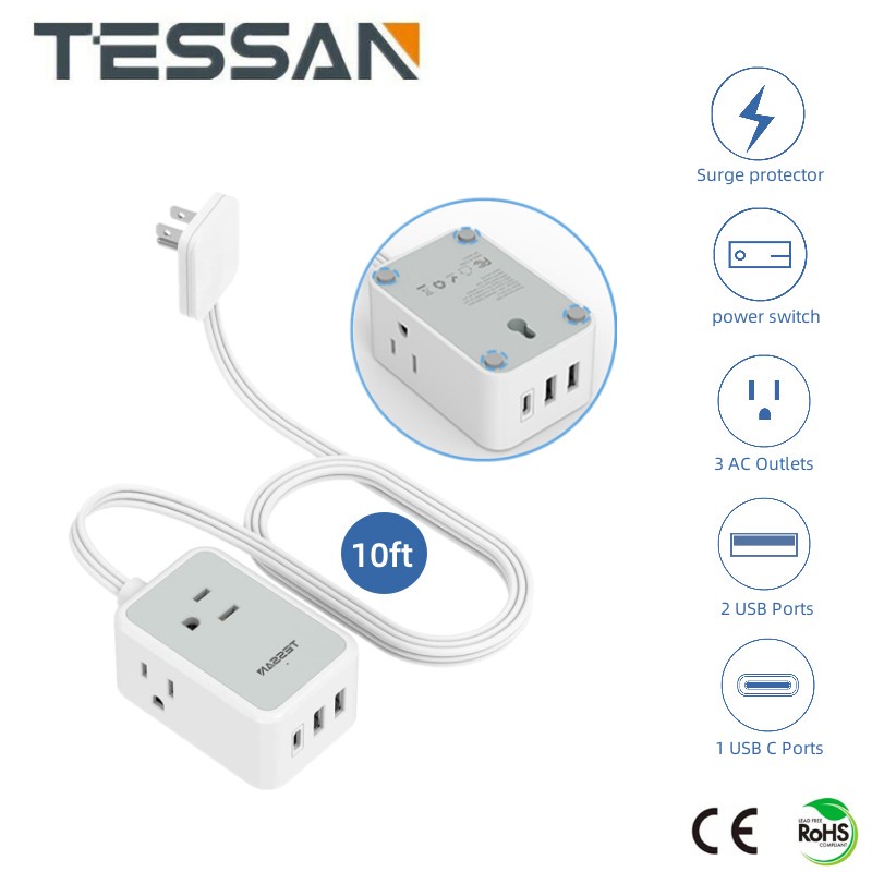 TESSAN Small Power Strip,10 Feet UltraThin Flat Extension Cord Indoor