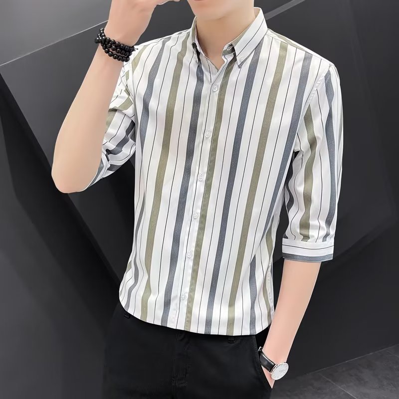 2023 New Men's 3 4 Sleeves Korean Trend Casual Slim Fit Summer Striped